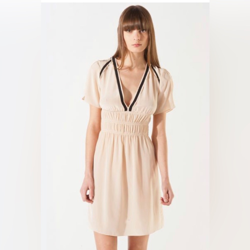 Maje Paris 100% Silk V Neck Slip Dress Nude Tan Black V Neck Sultry Beautiful
